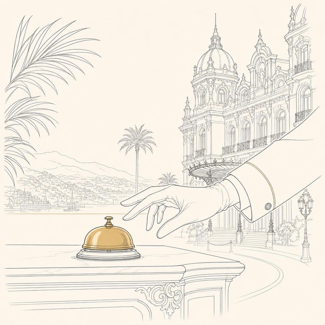 Fine-line illustration: a gloved hand ringing a concierge bell above Monte-Carlo